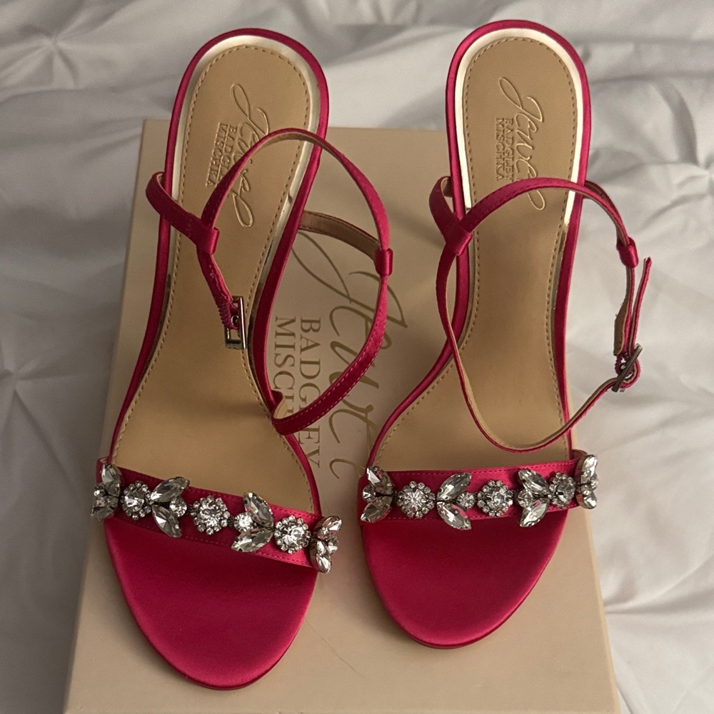 Badgley Mischka Fuchsia Satin Heels with Crystal Accents